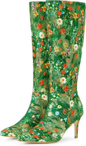 Perphy Floral Knee High Boot Stiletto Heel Floral Boots for Women