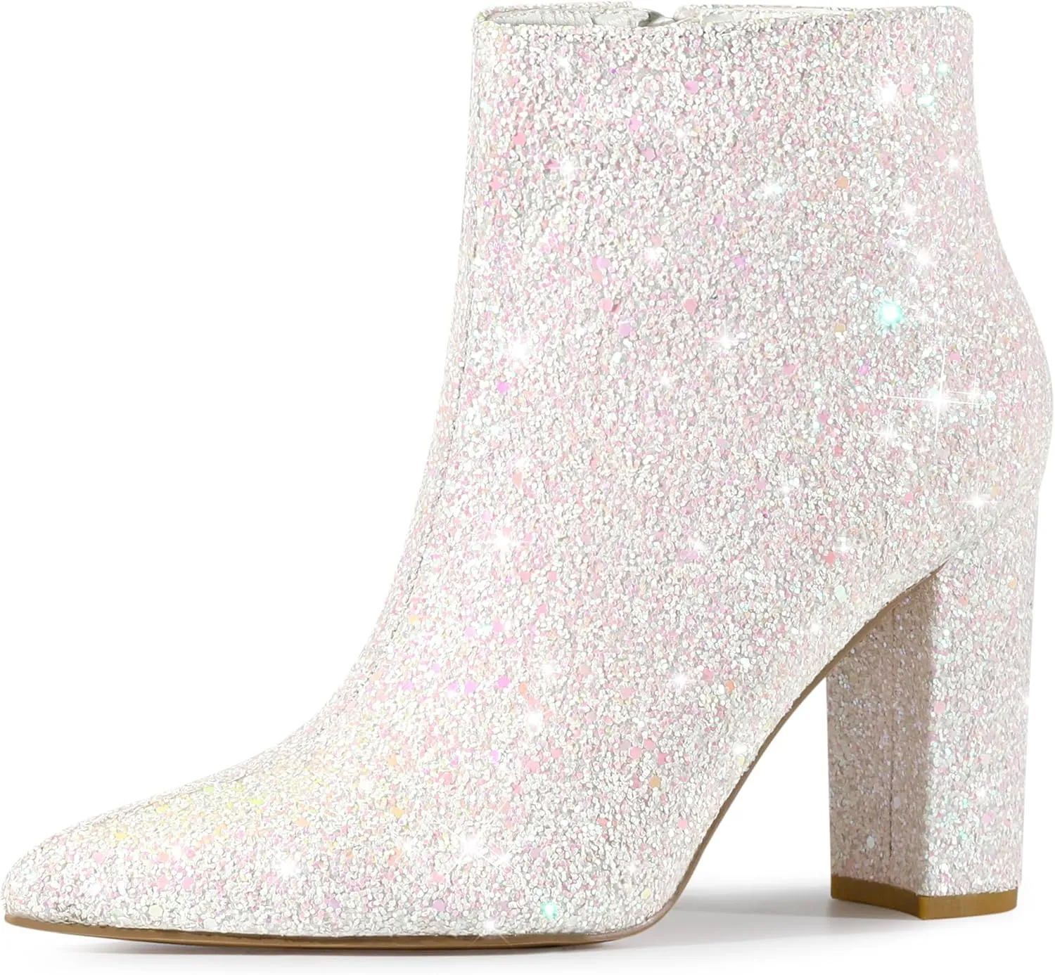 Perphy Glitter Pointed Toe Chunky Heels Sparkly Booties Ankle Boots for Women