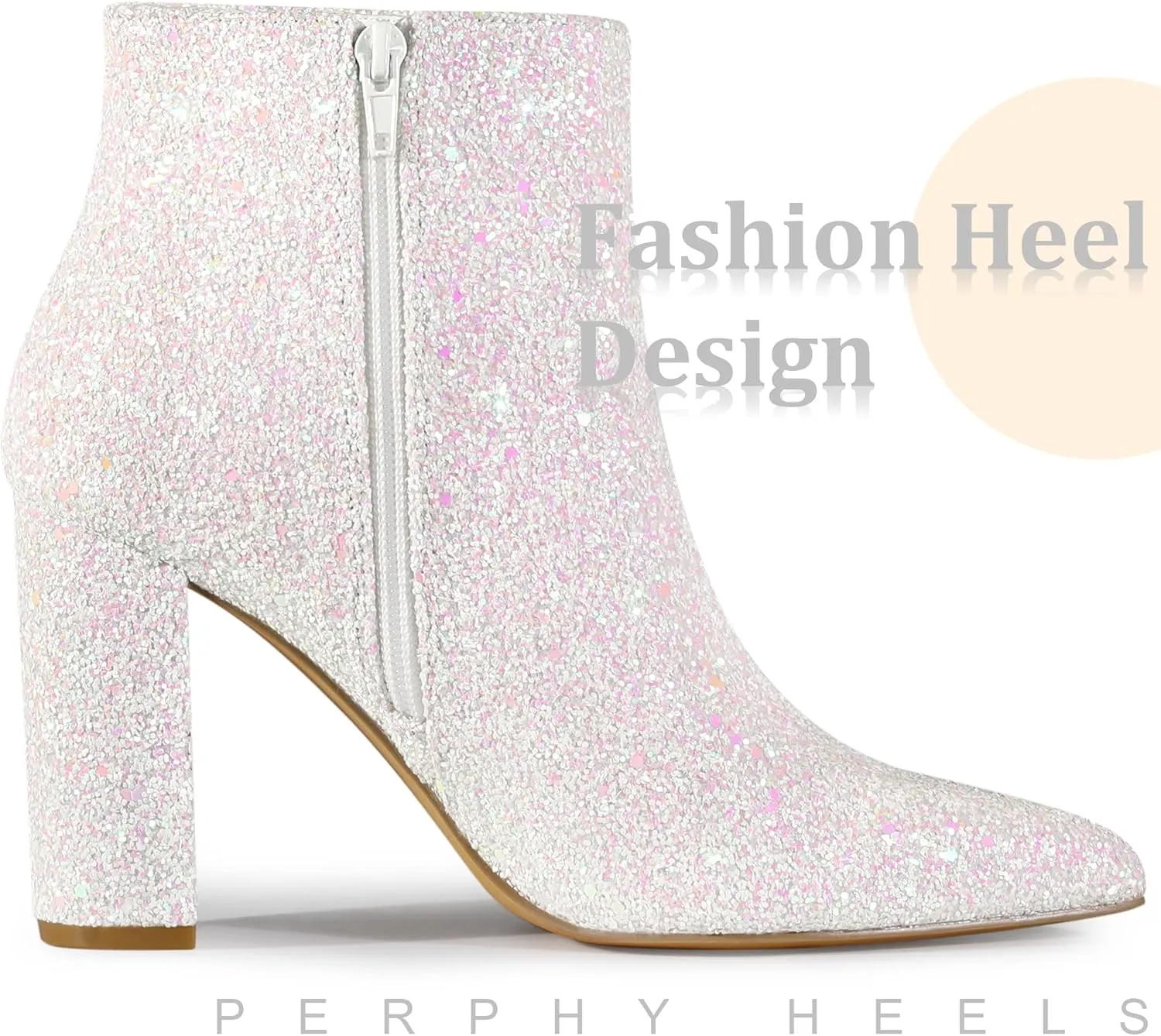 Perphy Glitter Pointed Toe Chunky Heels Sparkly Booties Ankle Boots for Women