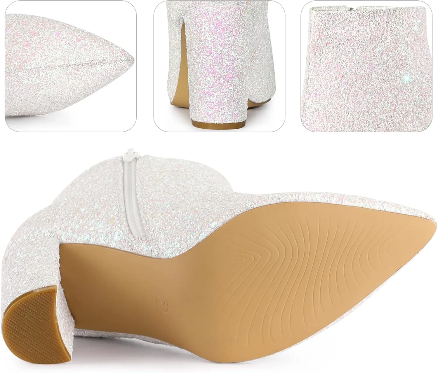 Perphy Glitter Pointed Toe Chunky Heels Sparkly Booties Ankle Boots for Women