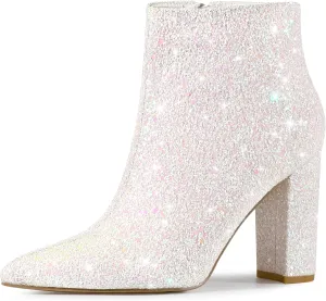 Perphy Glitter Pointed Toe Chunky Heels Sparkly Booties Ankle Boots for Women