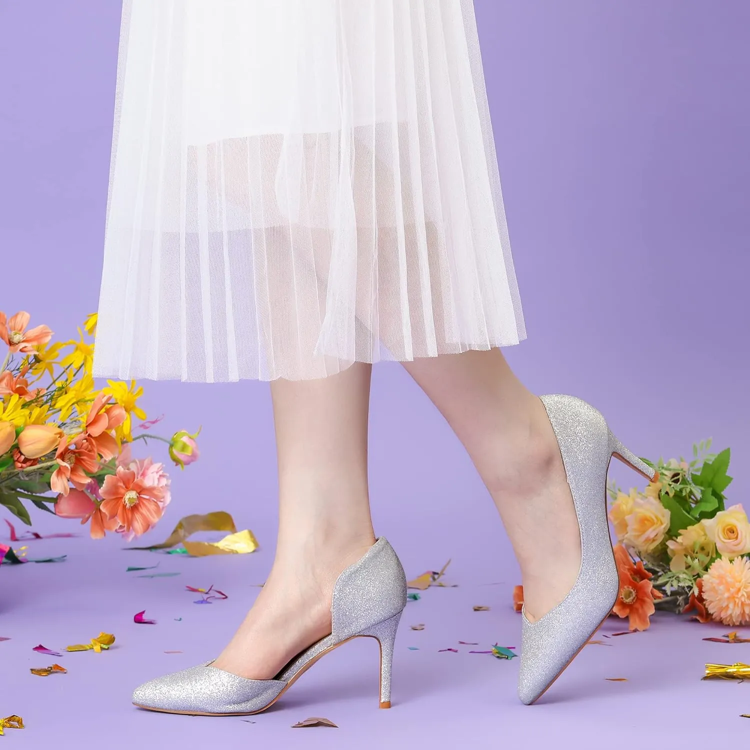 Perphy Glitter Pump Pointed Toe Slip-on Stiletto Heels Pumps for Women