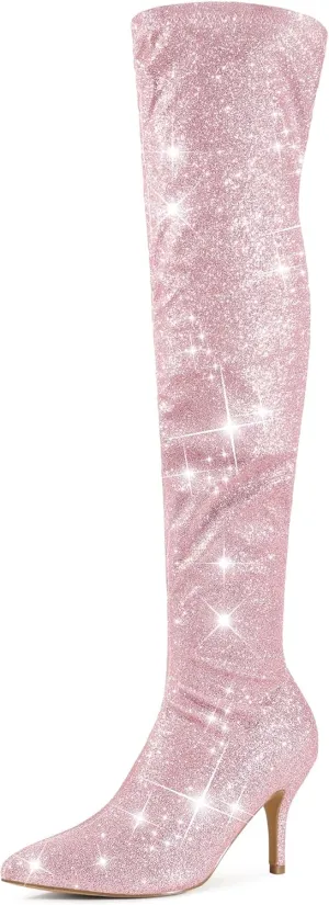 Perphy Glitter Thigh High Boot Stiletto Heels Over the Knee Boots for Women
