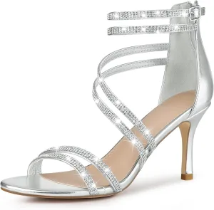 Perphy Stiletto Heel Strappy Rhinestone Heels Sandals for Women
