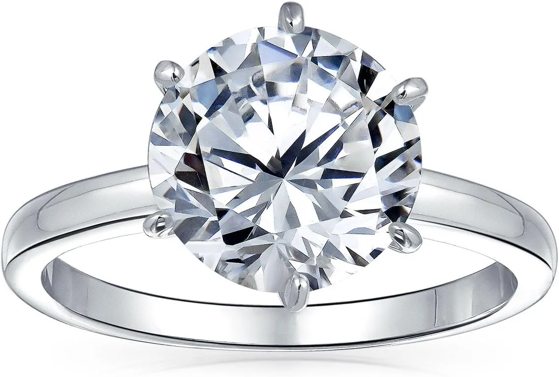 Personalize Classic Cubic Zirconia 3CT AAA CZ 6 Prong Setting Round Brilliant Cut Promise Solitaire Engagement Ring For Women .925 Sterling Silver Rose 14K Yellow Gold Plated Customizable