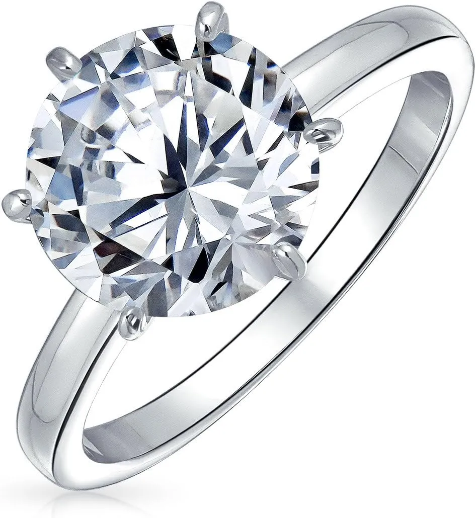 Personalize Classic Cubic Zirconia 3CT AAA CZ 6 Prong Setting Round Brilliant Cut Promise Solitaire Engagement Ring For Women .925 Sterling Silver Rose 14K Yellow Gold Plated Customizable
