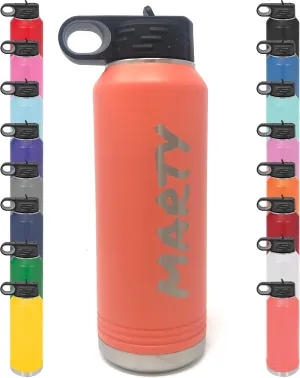 Personalized 32 ounce Powder Coated Water Bottle - Stainless Steel Double Wall Vacuum Insulated Custom Engraved (Coral)