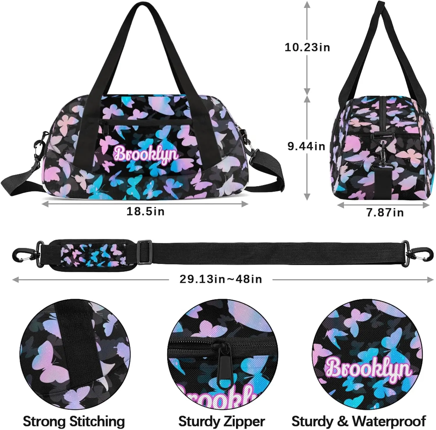 Personalized Butterfly Duffel Bag with Name Custom Travel Sports Bag for Women Men Waterproof Dance Ballet Bag Lightweight 18.5in, Blue Pink Glitter