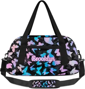 Personalized Butterfly Duffel Bag with Name Custom Travel Sports Bag for Women Men Waterproof Dance Ballet Bag Lightweight 18.5in, Blue Pink Glitter