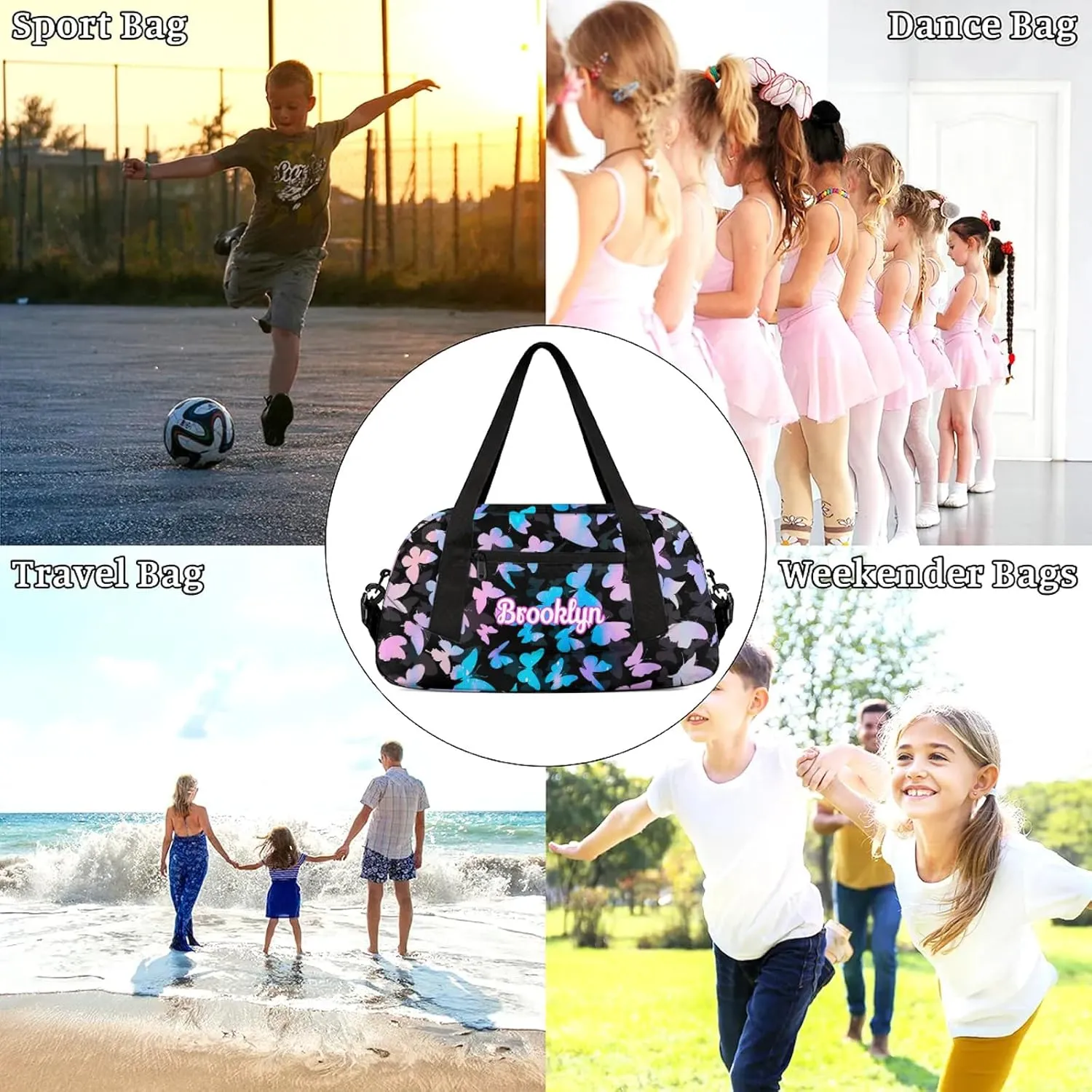 Personalized Butterfly Duffel Bag with Name Custom Travel Sports Bag for Women Men Waterproof Dance Ballet Bag Lightweight 18.5in, Blue Pink Glitter