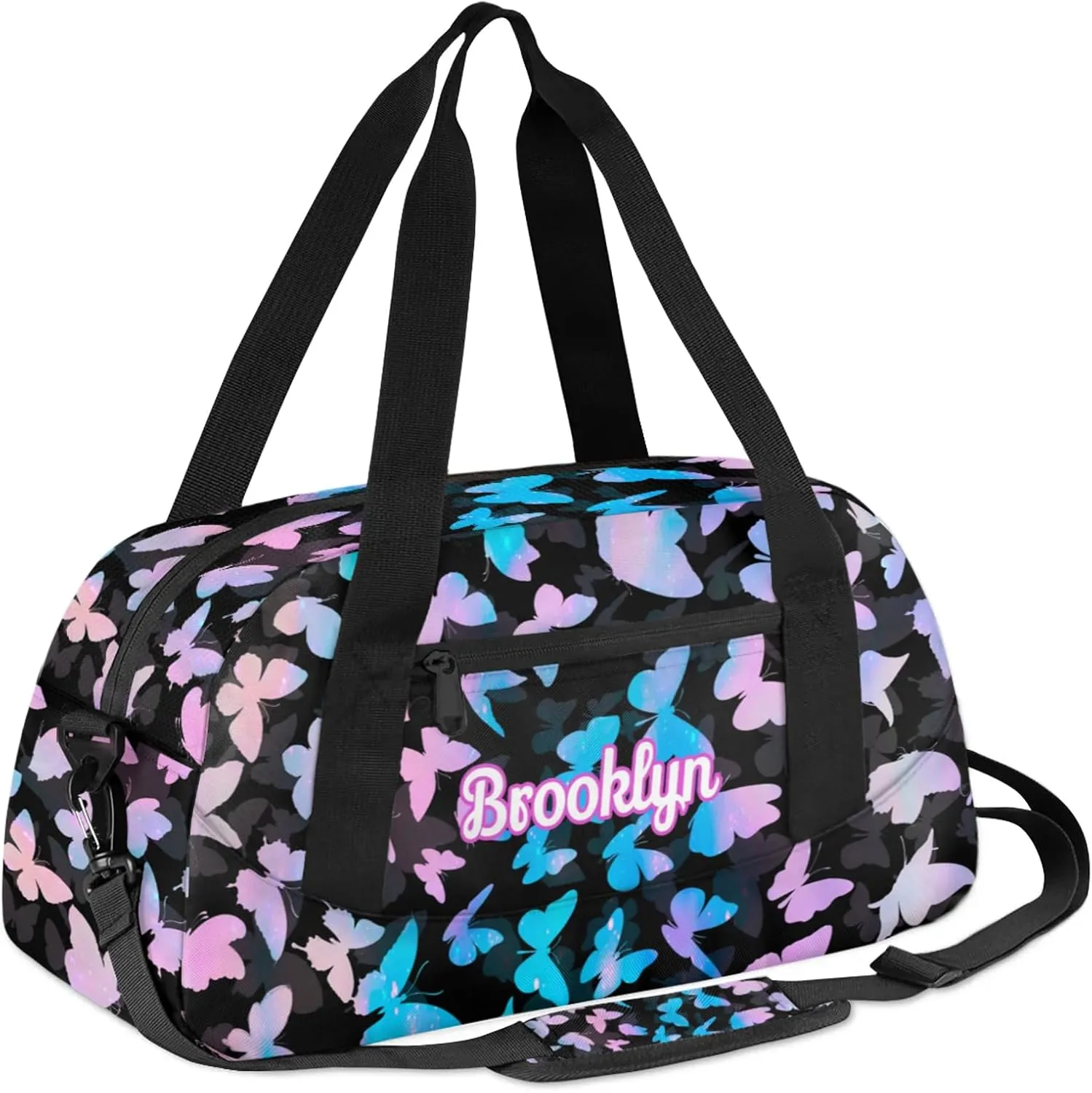 Personalized Butterfly Duffel Bag with Name Custom Travel Sports Bag for Women Men Waterproof Dance Ballet Bag Lightweight 18.5in, Blue Pink Glitter
