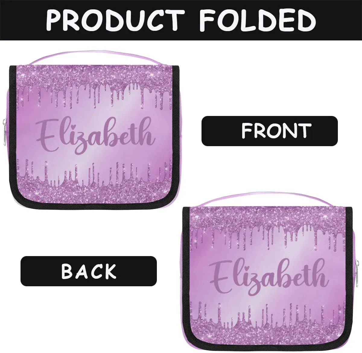 Personalized Gift Travel Makeup Bag Hanging Cosmetic Bag Make Up Bag Organizer Toiletry Bag for Women Girls Christmas Birthday Gift Purple Dripping Glitter