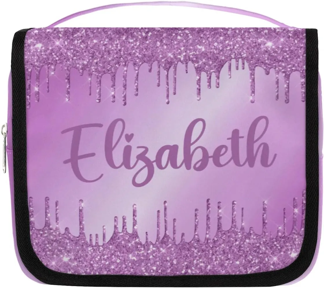 Personalized Gift Travel Makeup Bag Hanging Cosmetic Bag Make Up Bag Organizer Toiletry Bag for Women Girls Christmas Birthday Gift Purple Dripping Glitter