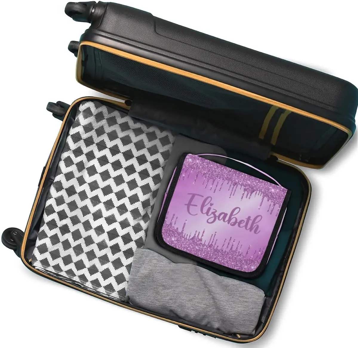 Personalized Gift Travel Makeup Bag Hanging Cosmetic Bag Make Up Bag Organizer Toiletry Bag for Women Girls Christmas Birthday Gift Purple Dripping Glitter