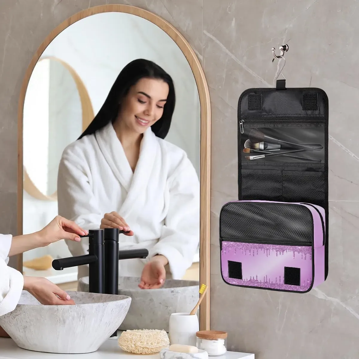 Personalized Gift Travel Makeup Bag Hanging Cosmetic Bag Make Up Bag Organizer Toiletry Bag for Women Girls Christmas Birthday Gift Purple Dripping Glitter