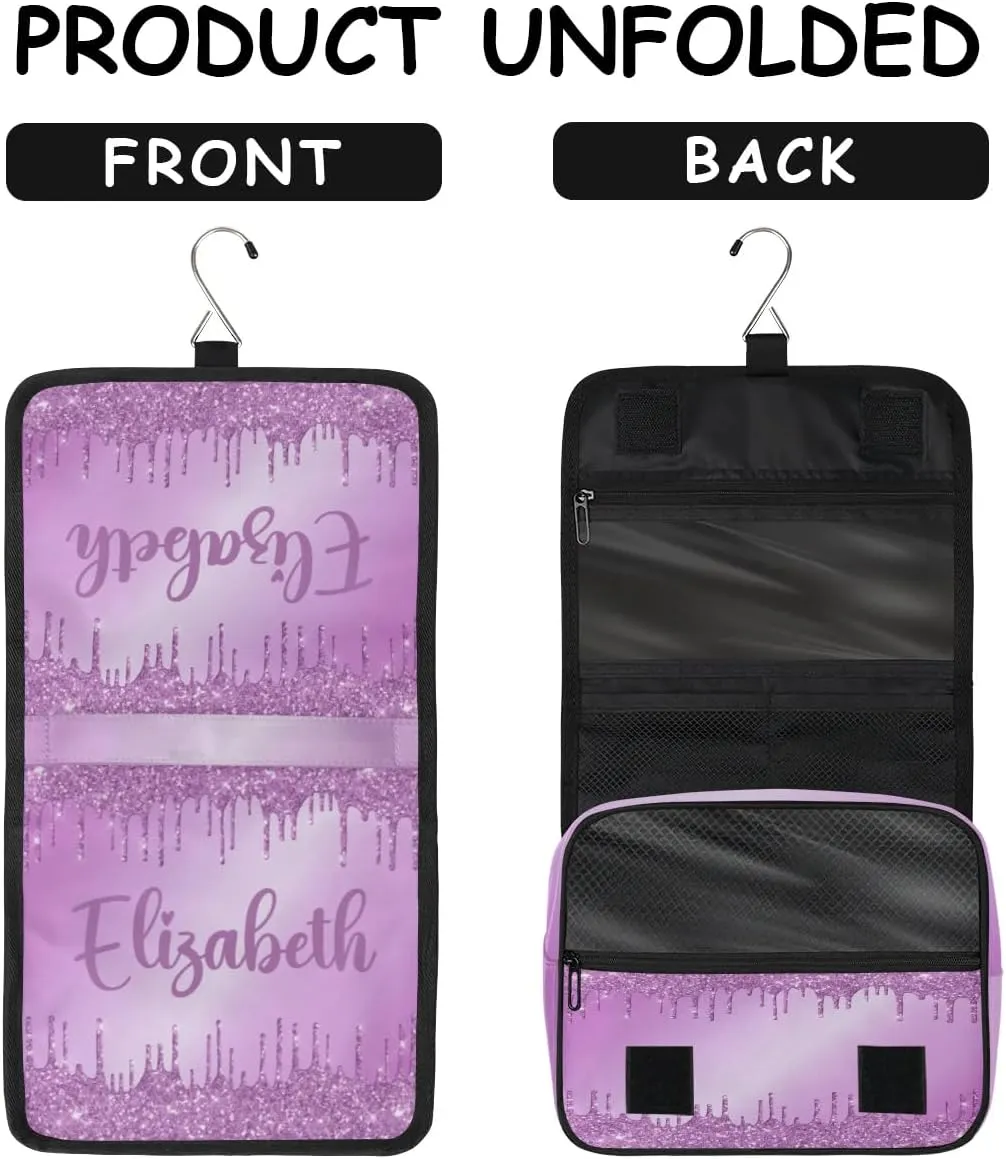 Personalized Gift Travel Makeup Bag Hanging Cosmetic Bag Make Up Bag Organizer Toiletry Bag for Women Girls Christmas Birthday Gift Purple Dripping Glitter