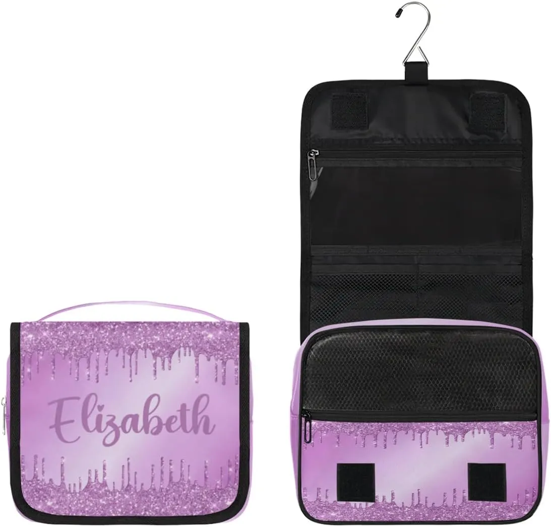 Personalized Gift Travel Makeup Bag Hanging Cosmetic Bag Make Up Bag Organizer Toiletry Bag for Women Girls Christmas Birthday Gift Purple Dripping Glitter