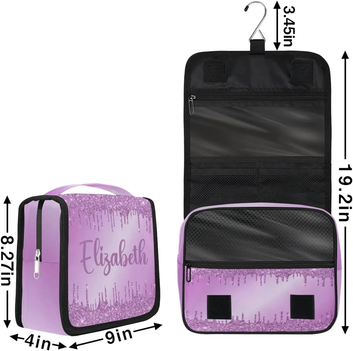Personalized Gift Travel Makeup Bag Hanging Cosmetic Bag Make Up Bag Organizer Toiletry Bag for Women Girls Christmas Birthday Gift Purple Dripping Glitter