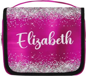 Personalized Gift Travel Makeup Bag Hanging Cosmetic Bag Make Up Bag Organizer Toiletry Bag for Women Girls Christmas Birthday Gift Silver Glitter Hot Pink