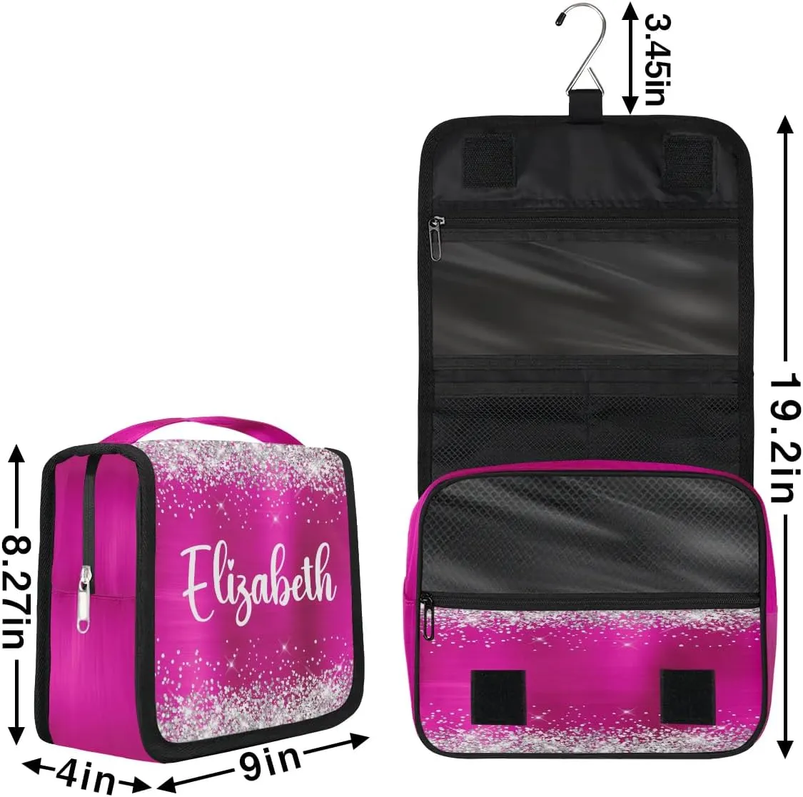 Personalized Gift Travel Makeup Bag Hanging Cosmetic Bag Make Up Bag Organizer Toiletry Bag for Women Girls Christmas Birthday Gift Silver Glitter Hot Pink