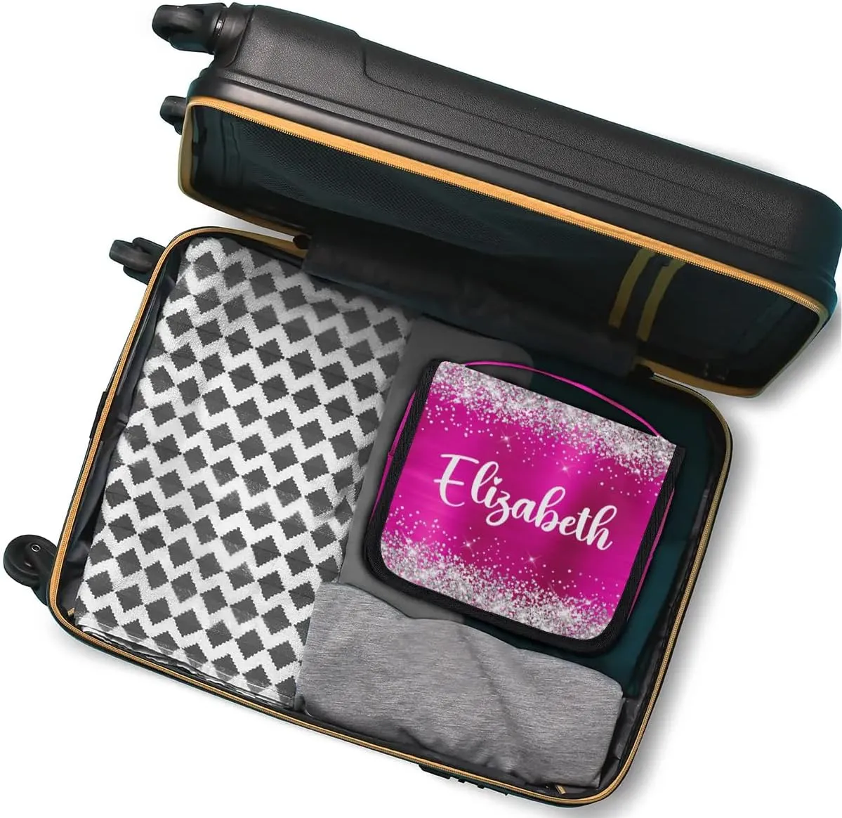 Personalized Gift Travel Makeup Bag Hanging Cosmetic Bag Make Up Bag Organizer Toiletry Bag for Women Girls Christmas Birthday Gift Silver Glitter Hot Pink