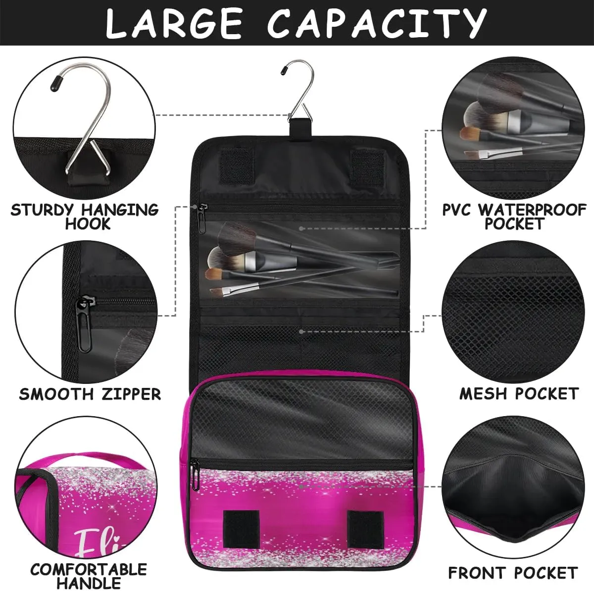 Personalized Gift Travel Makeup Bag Hanging Cosmetic Bag Make Up Bag Organizer Toiletry Bag for Women Girls Christmas Birthday Gift Silver Glitter Hot Pink