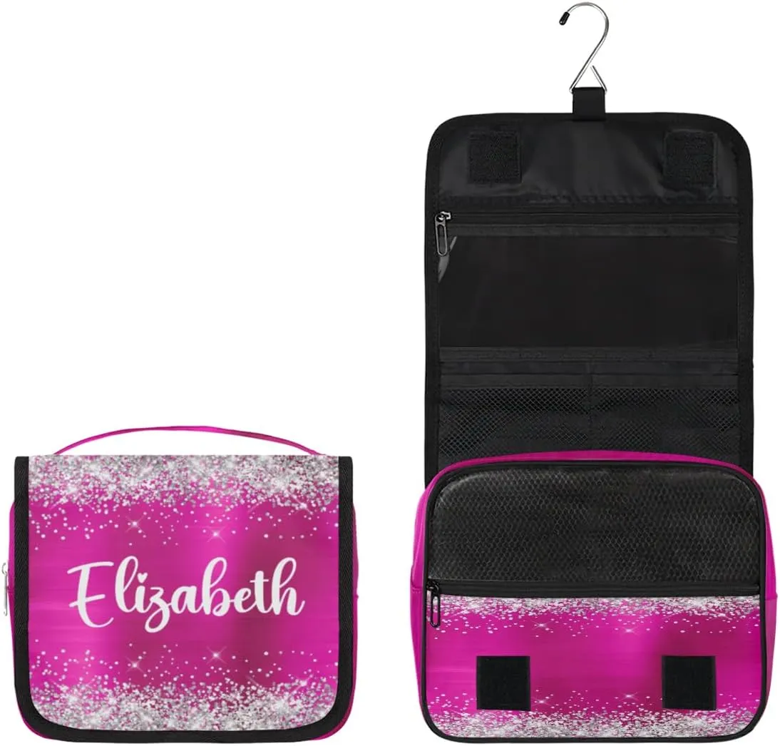 Personalized Gift Travel Makeup Bag Hanging Cosmetic Bag Make Up Bag Organizer Toiletry Bag for Women Girls Christmas Birthday Gift Silver Glitter Hot Pink