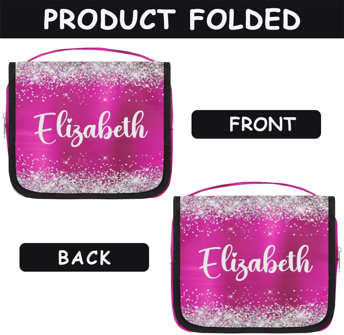 Personalized Gift Travel Makeup Bag Hanging Cosmetic Bag Make Up Bag Organizer Toiletry Bag for Women Girls Christmas Birthday Gift Silver Glitter Hot Pink