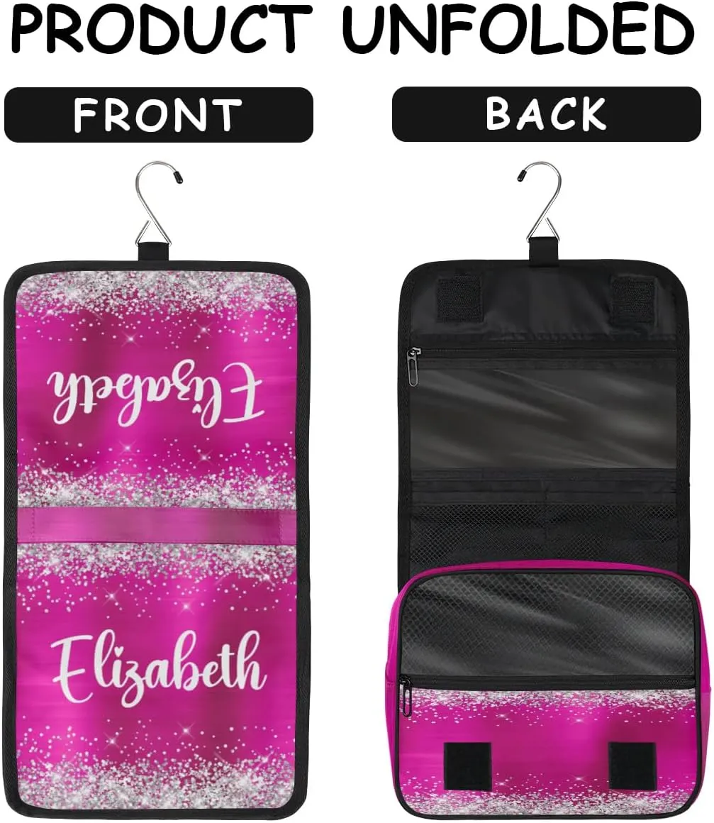 Personalized Gift Travel Makeup Bag Hanging Cosmetic Bag Make Up Bag Organizer Toiletry Bag for Women Girls Christmas Birthday Gift Silver Glitter Hot Pink