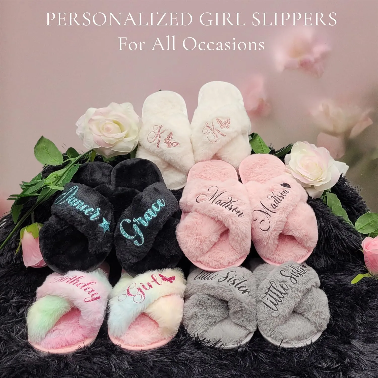 Personalized Girls Slippers for Kids Ages 3 to 10 Years - Non-Skid Soles - Flower Girl Slippers - Slippers for Birthday Parties & More (2.5-3Y (9-10Yrs), Dusty Rose)