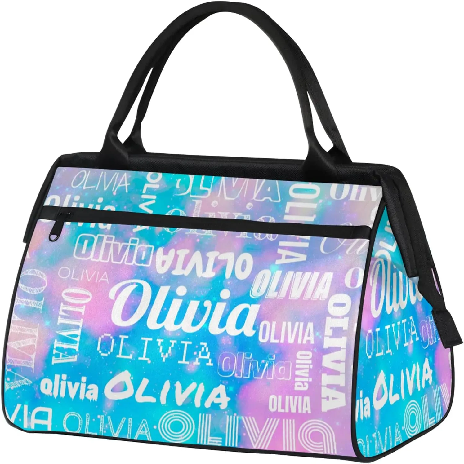 Personalized Gym Duffel Bag with Name Custom Travel Sports Bag for Women Men Waterproof Dance Ballet Bag Lightweight 15.2in, Blue Pink Glitter