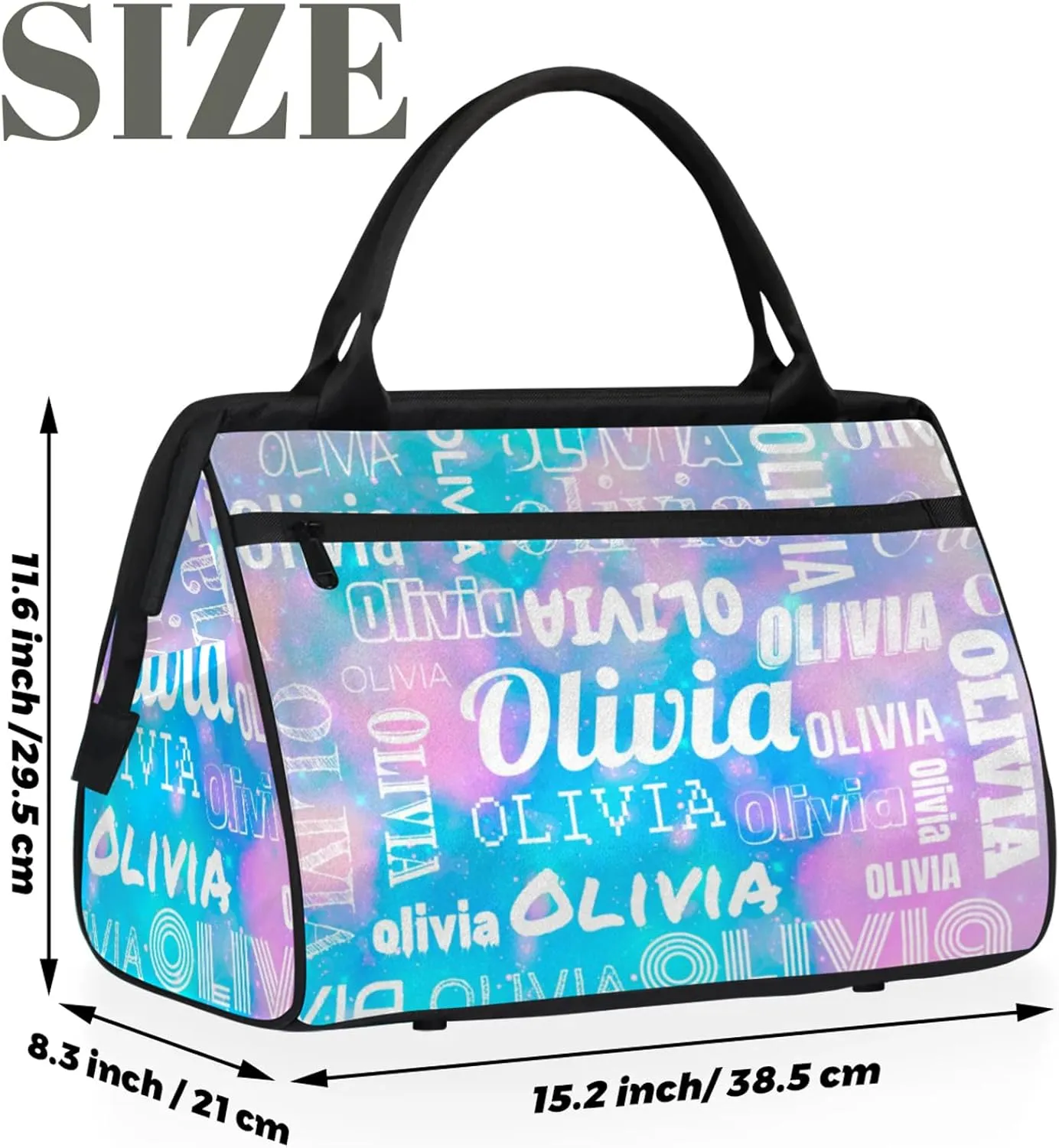 Personalized Gym Duffel Bag with Name Custom Travel Sports Bag for Women Men Waterproof Dance Ballet Bag Lightweight 15.2in, Blue Pink Glitter