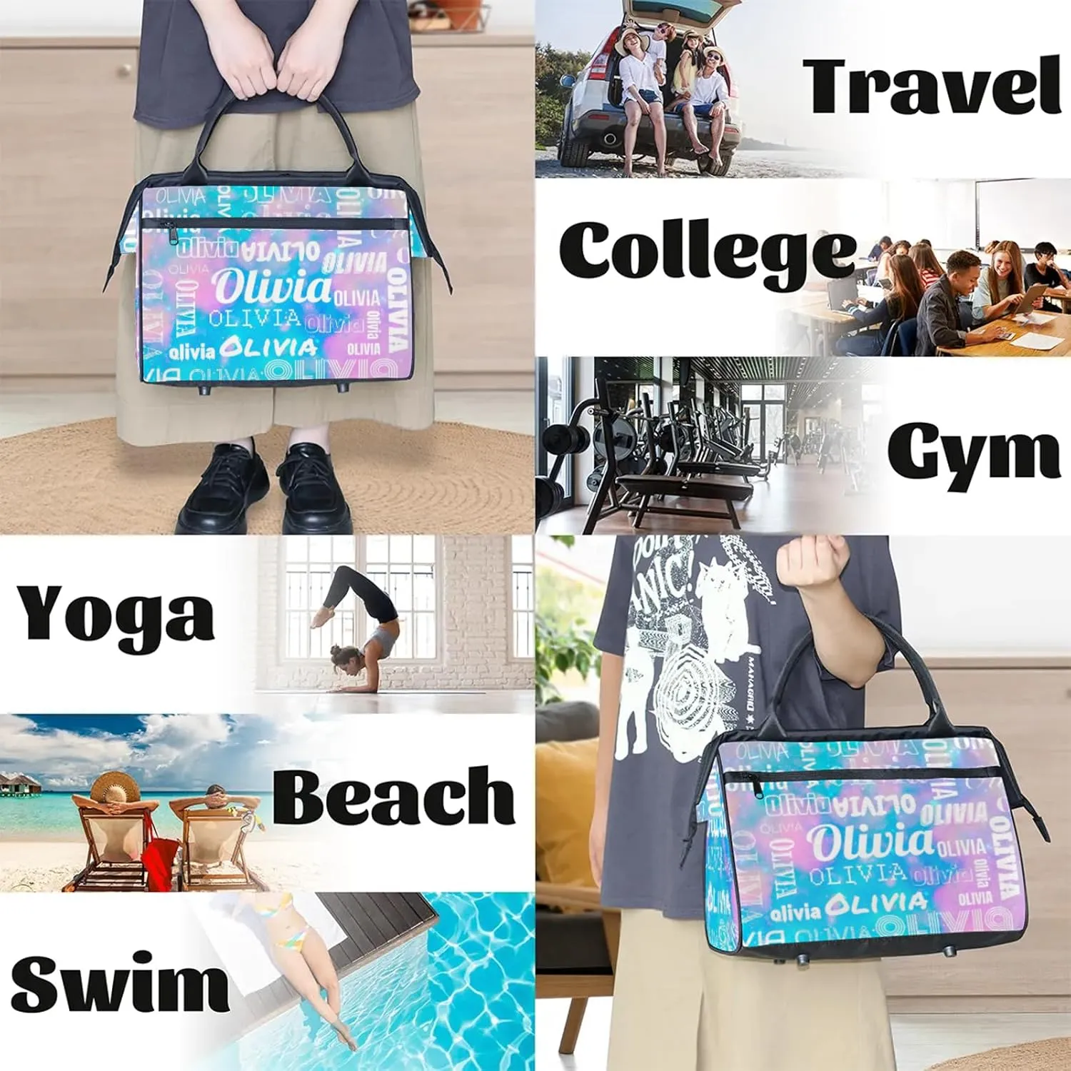 Personalized Gym Duffel Bag with Name Custom Travel Sports Bag for Women Men Waterproof Dance Ballet Bag Lightweight 15.2in, Blue Pink Glitter