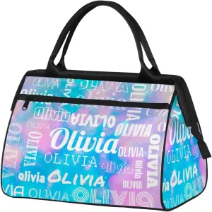 Personalized Gym Duffel Bag with Name Custom Travel Sports Bag for Women Men Waterproof Dance Ballet Bag Lightweight 15.2in, Blue Pink Glitter