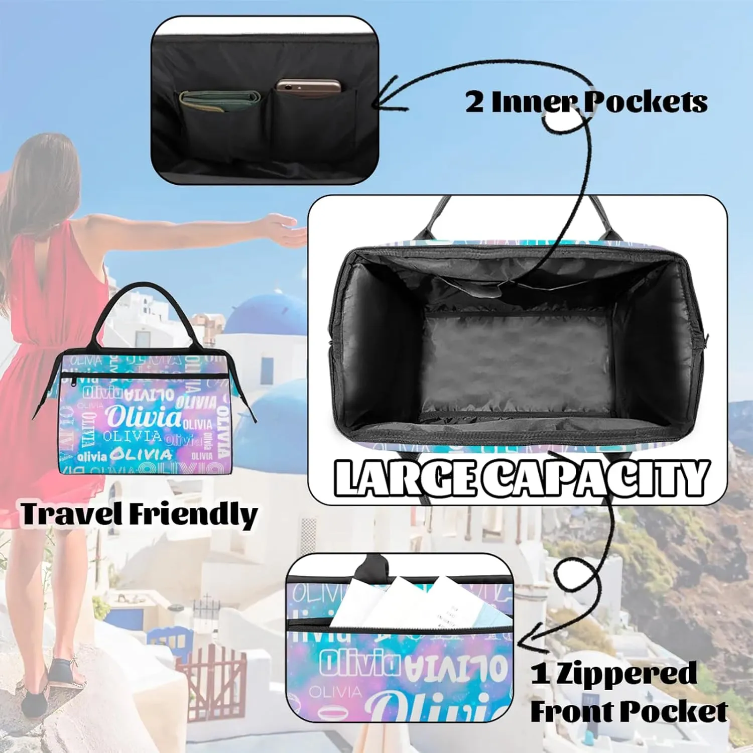 Personalized Gym Duffel Bag with Name Custom Travel Sports Bag for Women Men Waterproof Dance Ballet Bag Lightweight 15.2in, Blue Pink Glitter