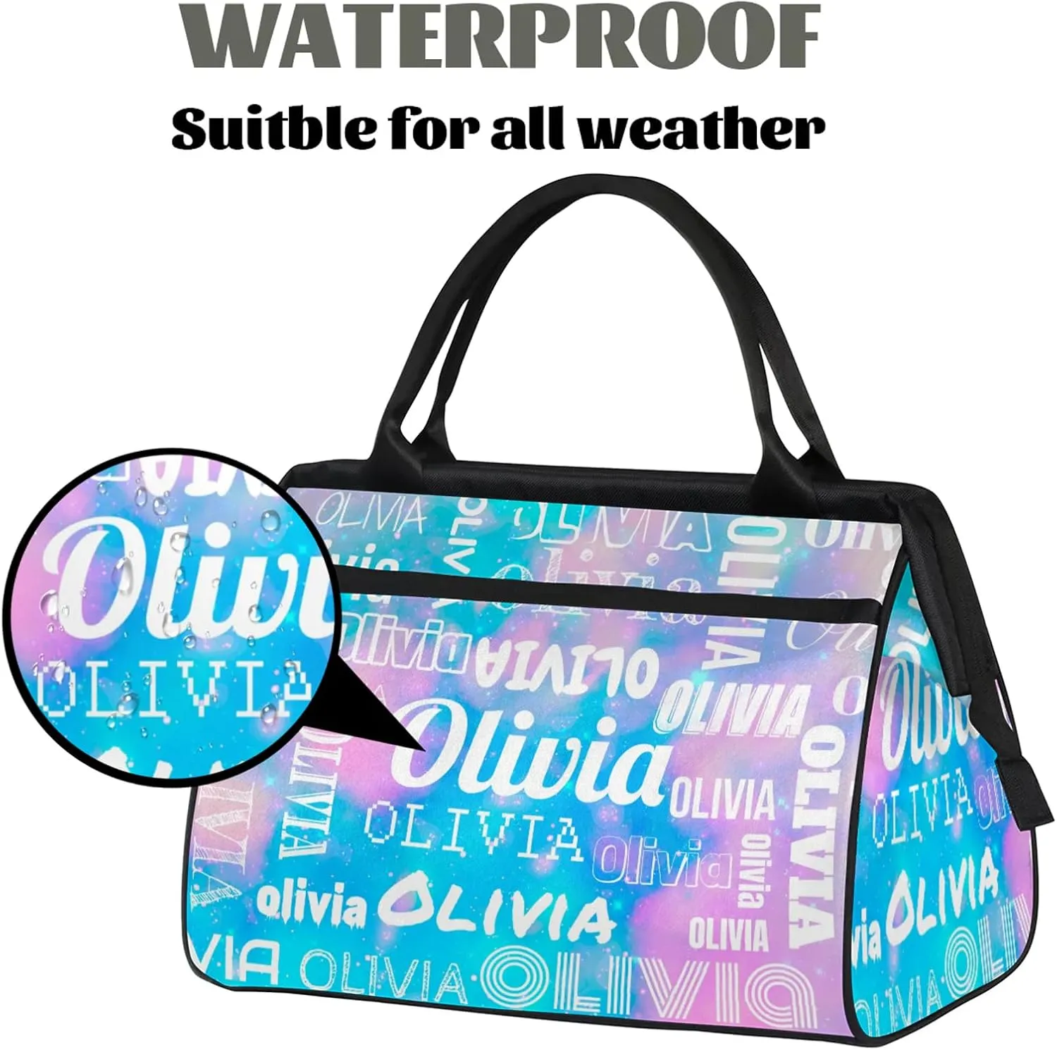 Personalized Gym Duffel Bag with Name Custom Travel Sports Bag for Women Men Waterproof Dance Ballet Bag Lightweight 15.2in, Blue Pink Glitter