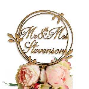 Personalized Wedding Laurel Wreath Cake Topper Circle Last Name Cake Decorations Family Name Mr and Mrs Custom Monogram Round Cake Toppers on Sticks Wood Rustic Acrylic Decor Bride Groom Centerpieces
