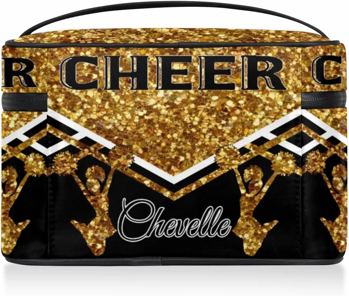 Personalized Cheer Travel Makeup Bag for Girls Women, Custom Cheerleader Cosmetic Make Up Zipper Pouch Bag, Personalized Gifts, Dark Gold Glitter Bag
