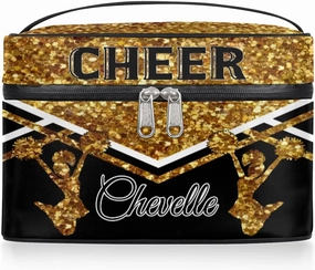 Personalized Cheer Travel Makeup Bag for Girls Women, Custom Cheerleader Cosmetic Make Up Zipper Pouch Bag, Personalized Gifts, Dark Gold Glitter Bag