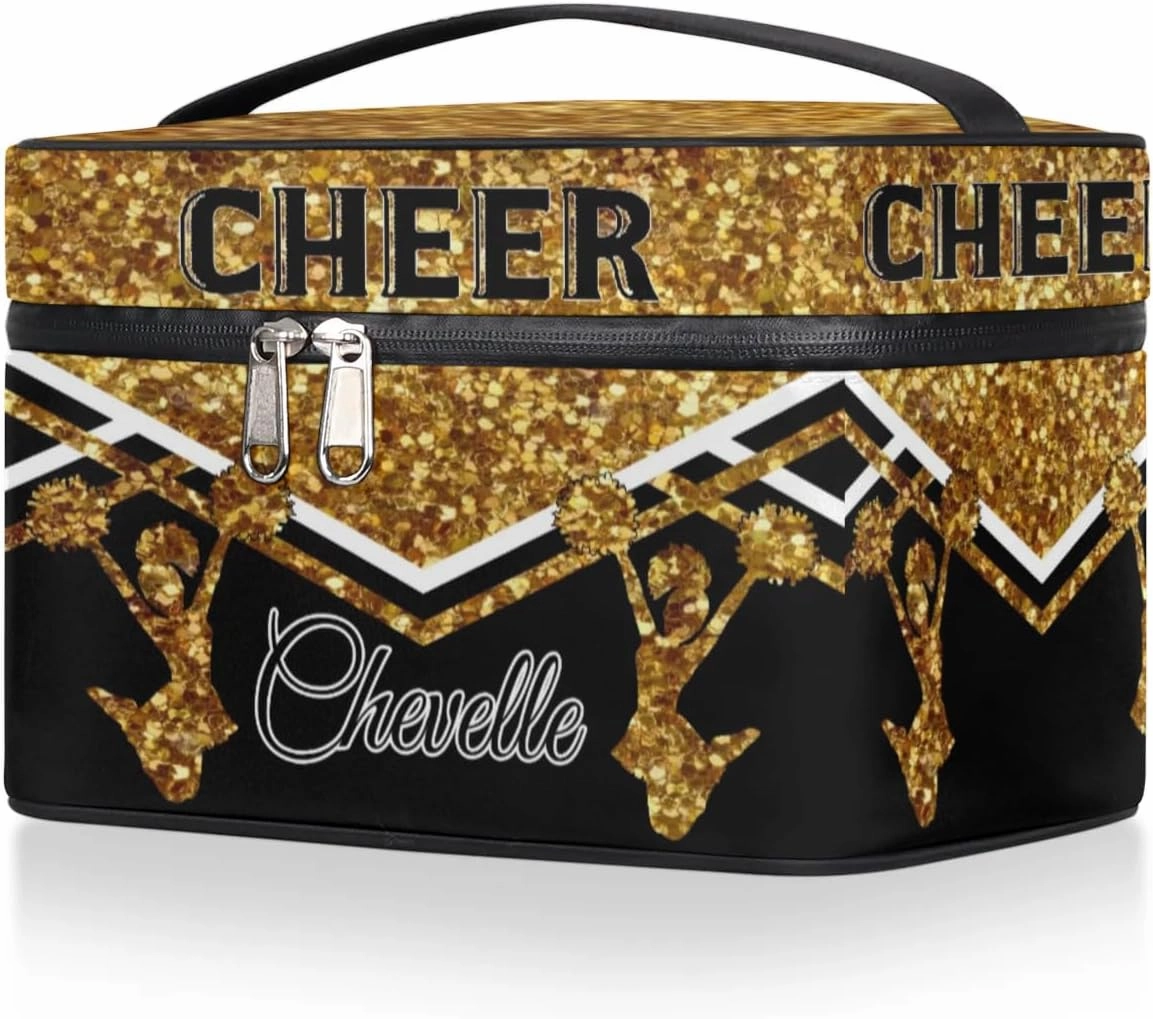 Personalized Cheer Travel Makeup Bag for Girls Women, Custom Cheerleader Cosmetic Make Up Zipper Pouch Bag, Personalized Gifts, Dark Gold Glitter Bag