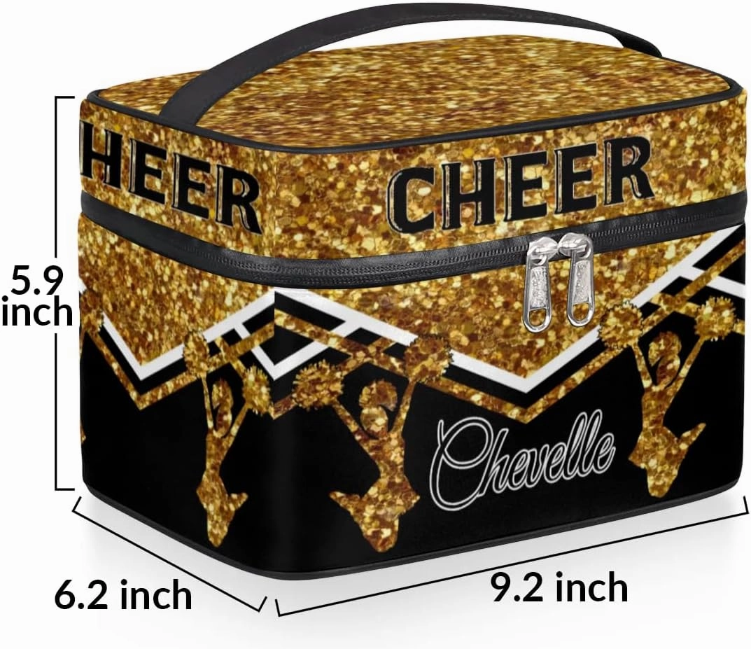 Personalized Cheer Travel Makeup Bag for Girls Women, Custom Cheerleader Cosmetic Make Up Zipper Pouch Bag, Personalized Gifts, Dark Gold Glitter Bag
