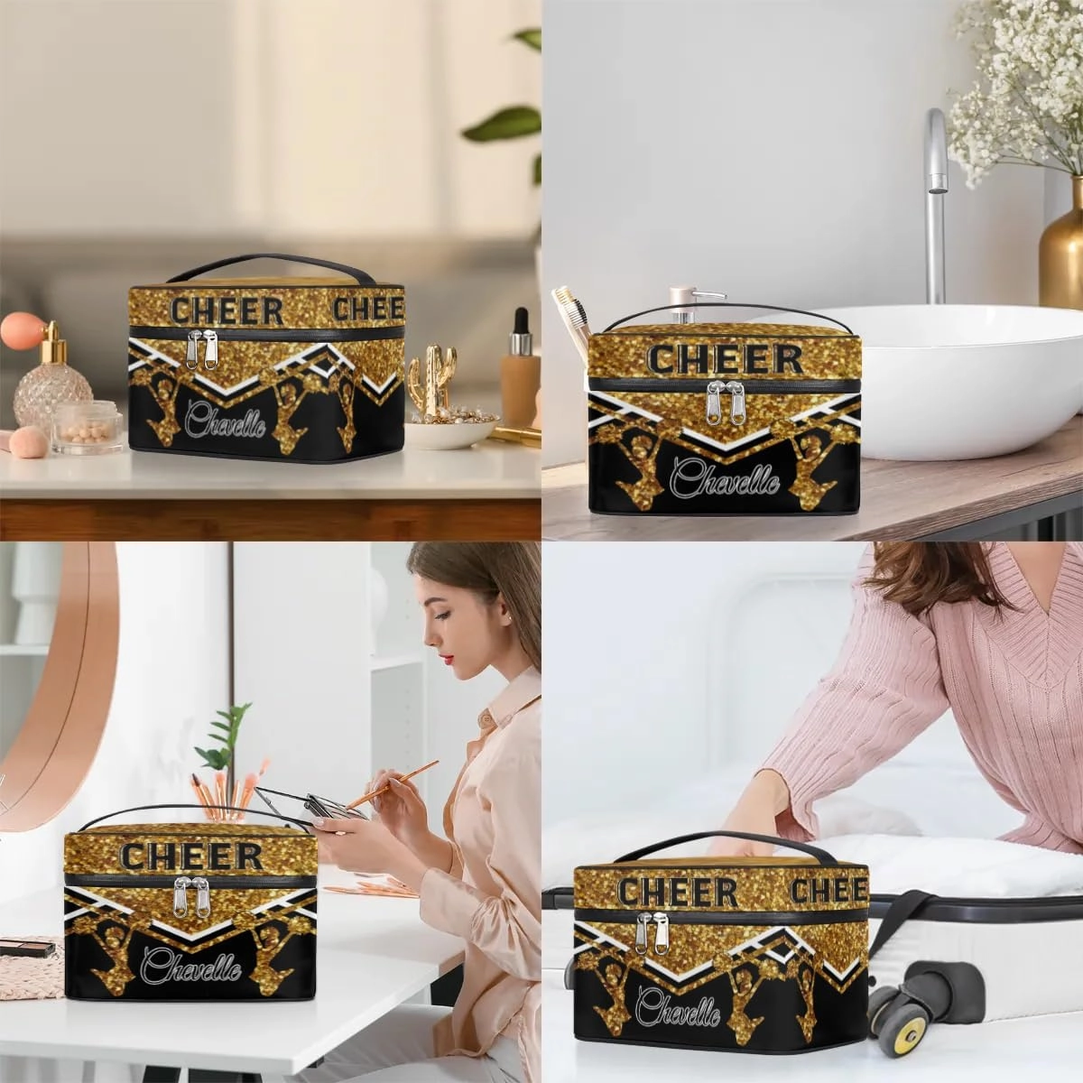 Personalized Cheer Travel Makeup Bag for Girls Women, Custom Cheerleader Cosmetic Make Up Zipper Pouch Bag, Personalized Gifts, Dark Gold Glitter Bag