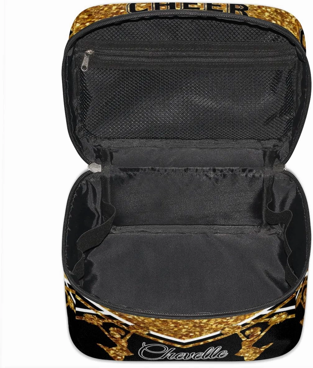 Personalized Cheer Travel Makeup Bag for Girls Women, Custom Cheerleader Cosmetic Make Up Zipper Pouch Bag, Personalized Gifts, Dark Gold Glitter Bag