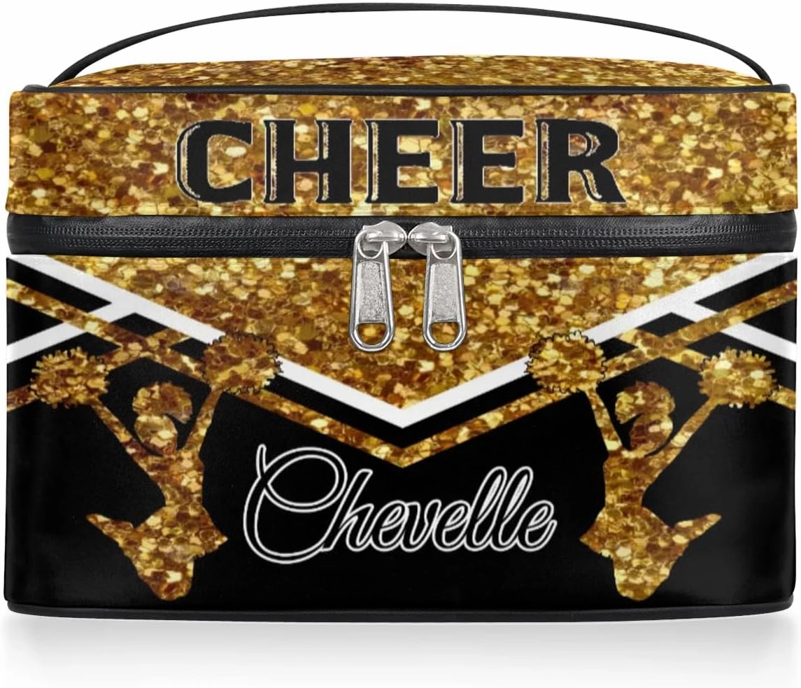 Personalized Cheer Travel Makeup Bag for Girls Women, Custom Cheerleader Cosmetic Make Up Zipper Pouch Bag, Personalized Gifts, Dark Gold Glitter Bag