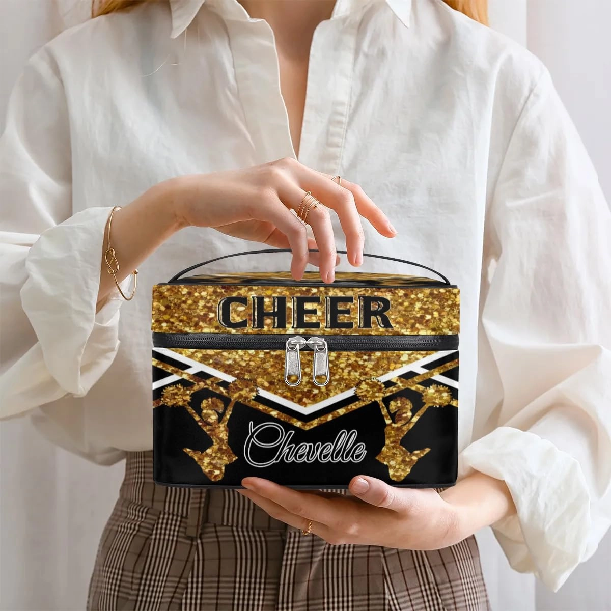 Personalized Cheer Travel Makeup Bag for Girls Women, Custom Cheerleader Cosmetic Make Up Zipper Pouch Bag, Personalized Gifts, Dark Gold Glitter Bag