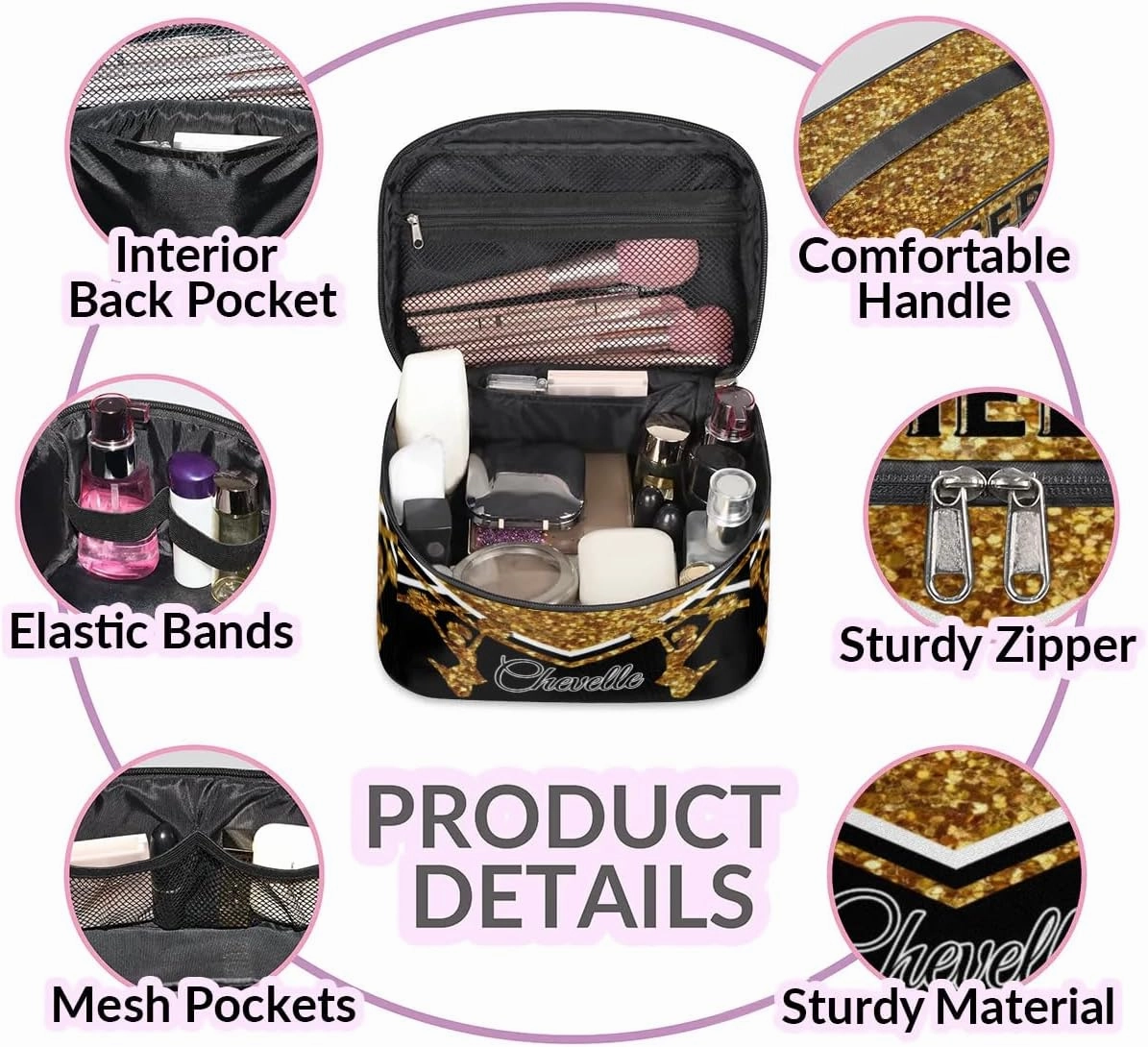 Personalized Cheer Travel Makeup Bag for Girls Women, Custom Cheerleader Cosmetic Make Up Zipper Pouch Bag, Personalized Gifts, Dark Gold Glitter Bag
