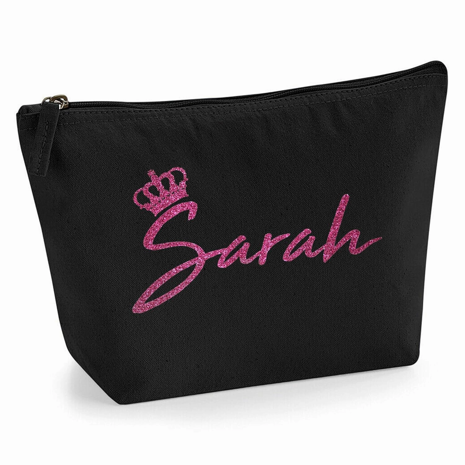 Personalized Name Initials & Queen Crown Make Up Accessory Bag in Black Colour Glitter or Flock Texture Print - Pink Glitter - L Black