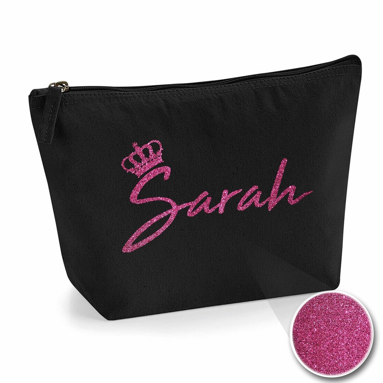 Personalized Name Initials & Queen Crown Make Up Accessory Bag in Black Colour Glitter or Flock Texture Print - Pink Glitter - L Black