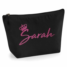 Personalized Name Initials & Queen Crown Make Up Accessory Bag in Black Colour Glitter or Flock Texture Print - Pink Glitter - L Black