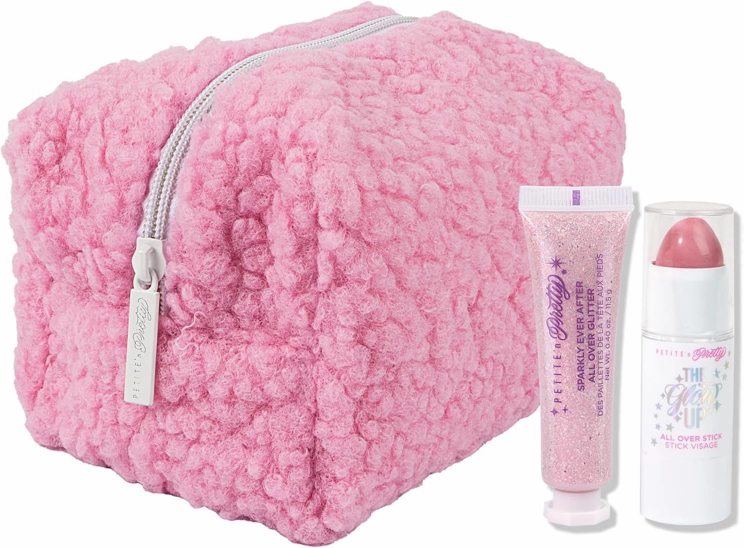 Petite N Pretty Glitter Makeup Set - Shimmering for Eyes, Cheeks, and Body - Glow Up Stick & All-Over Glitter in Pink Sherpa Bag for Kids, Teens, and Tweens (Pink)
